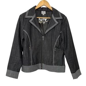 Chico's Women Size 1 US Medium Black Grey Denim Jacket Metallic Love Embroidery